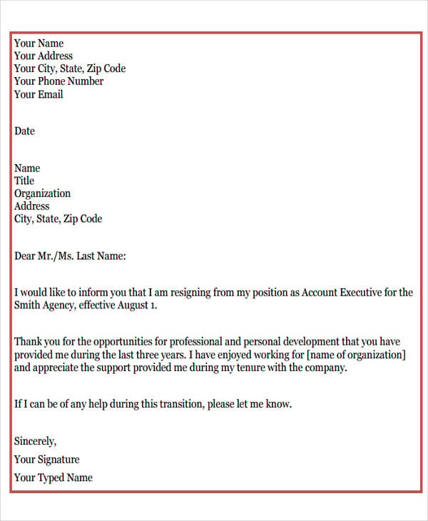 company resignation letter template