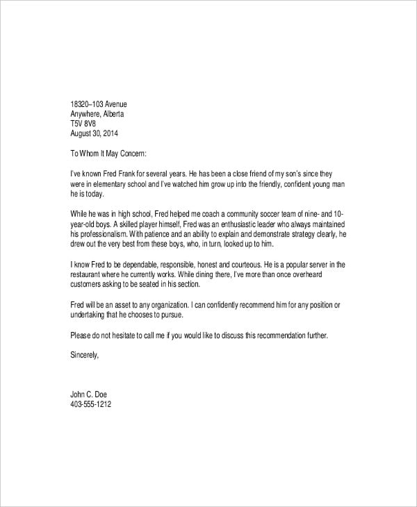 Character Letter Templates 7 Free Sample Example Format Download