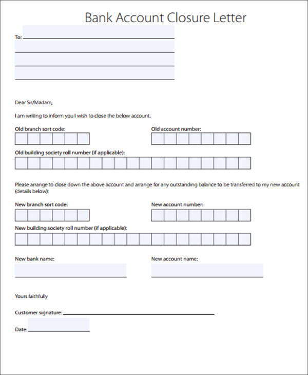 bank account closure letter template