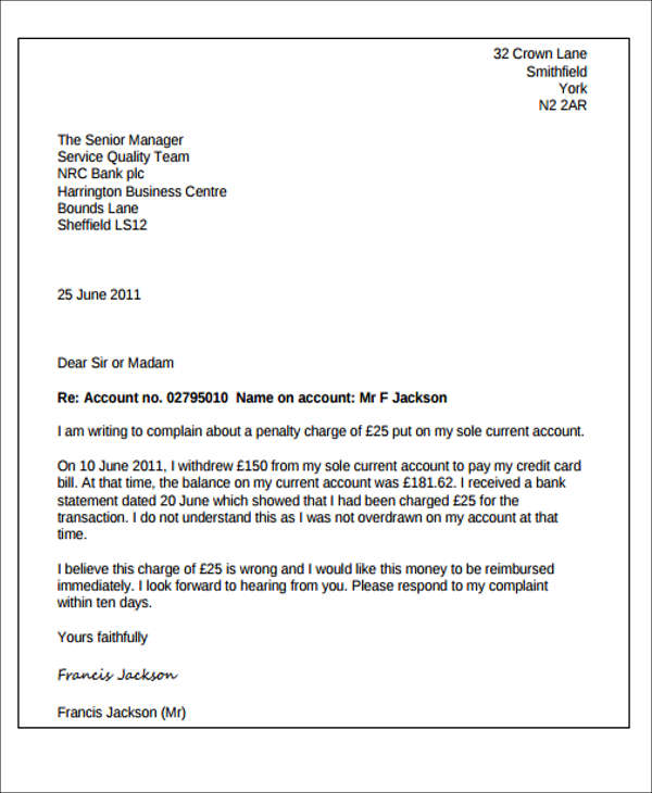 bank complaint letter template