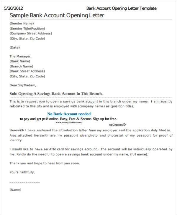 sample letter to open bank account for employee