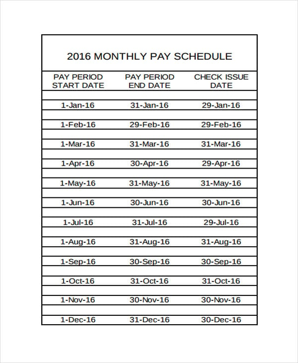 monthly payment schedule template