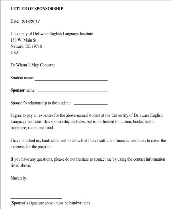 student sponsorship letter template
