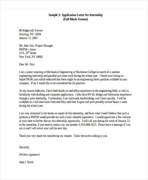 example of application letter for internship