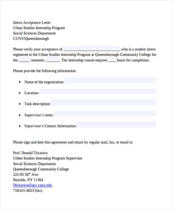 internship acceptance letter template