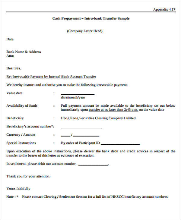 bank transfer letter template