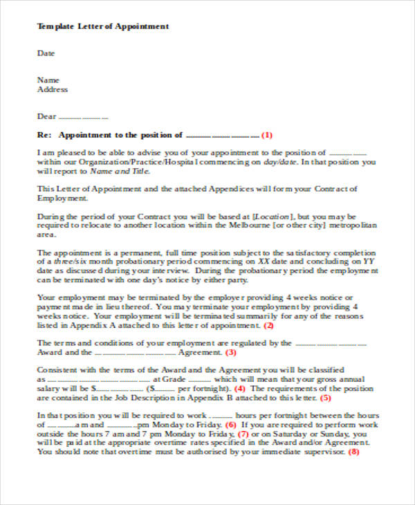 hospital appointment letter template
