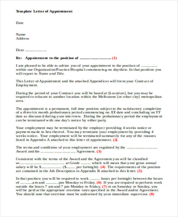 Appointment Letter Templates - 9+ Free Sample, Example Format Download!