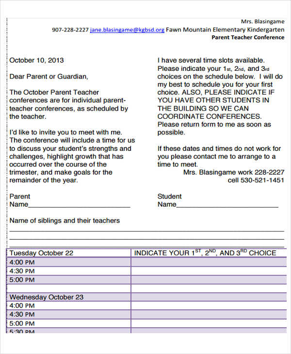 parent teacher conference letter template