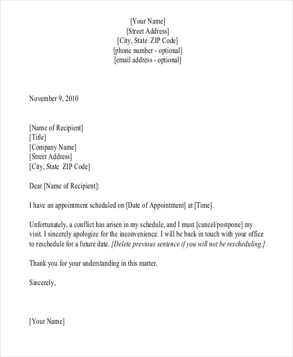 appointment cancellation letter template