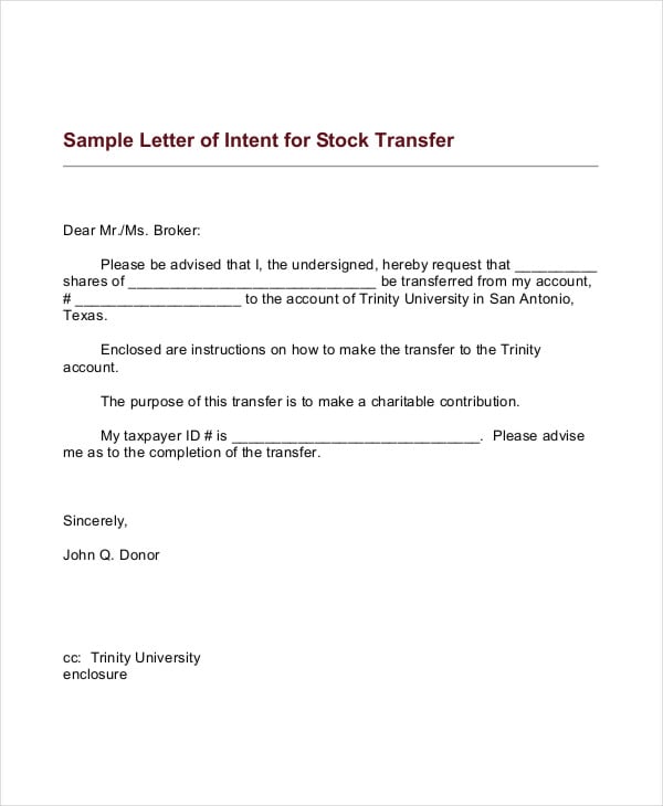 intent letter for transfer template