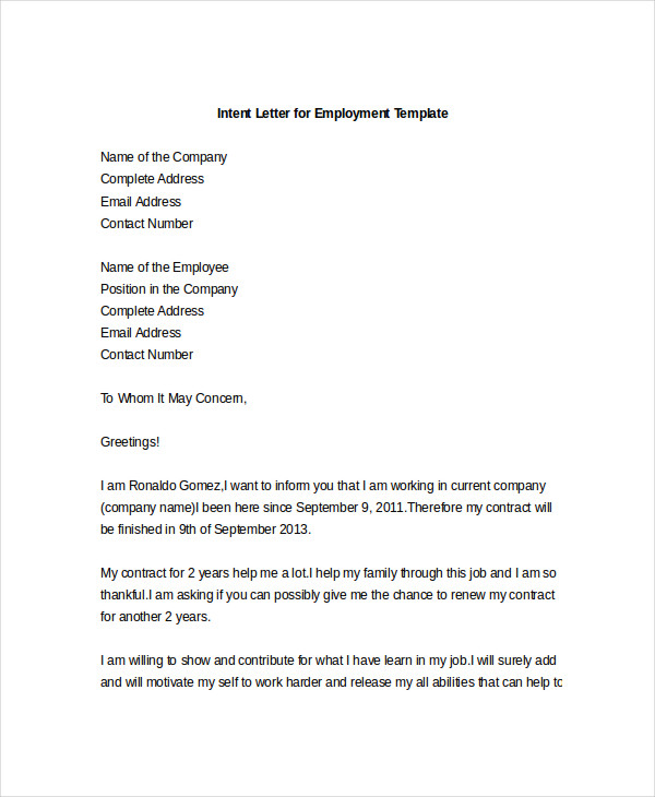 intent letter for employment template