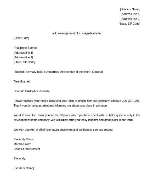 acknowledgement of a resignation letter template sample min