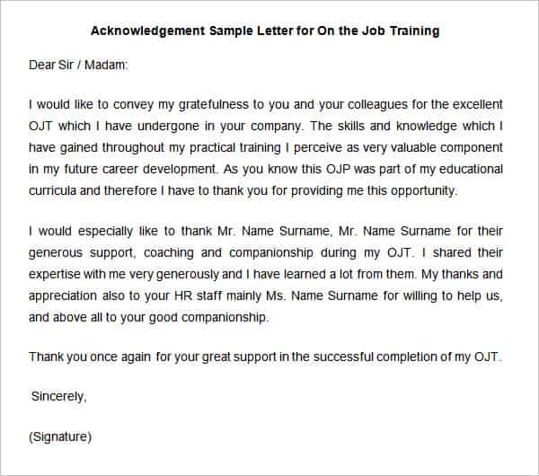 acknowledgement sample letter for on the job training min