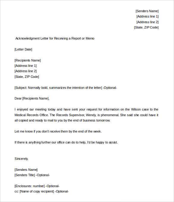 acknowledgment letter for receiving a report free download min