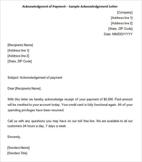 acknowledgment of payment – sample acknowledgement letter min
