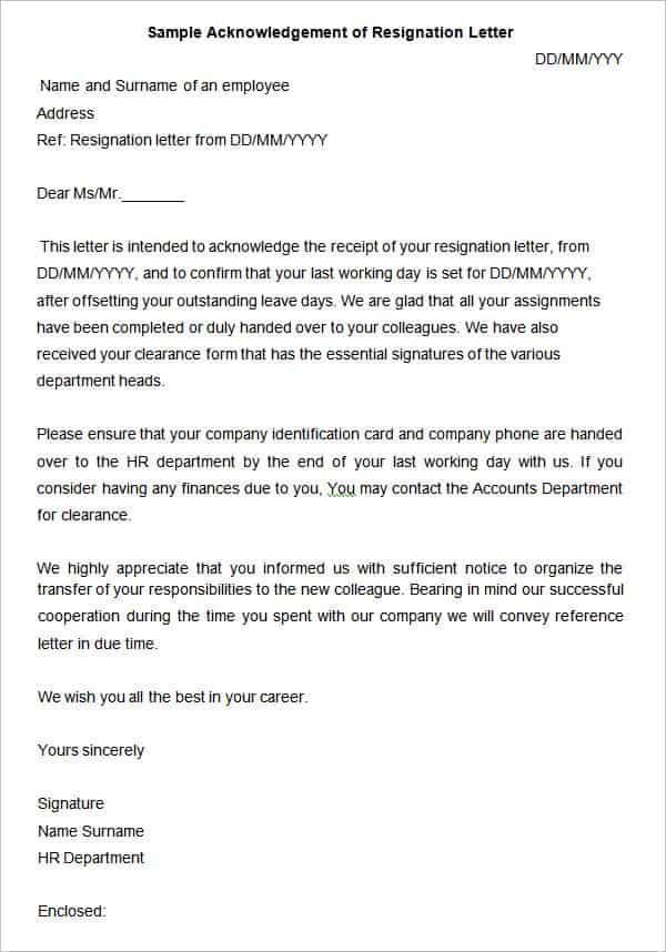 sample acknowledgement of resignation letter min