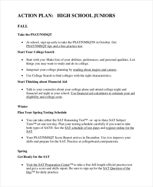 high school student action plan template