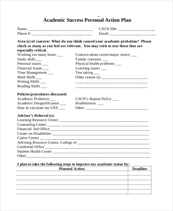 student personal action plan template