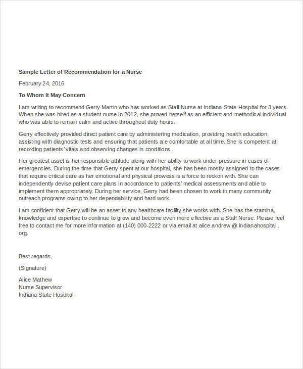 letter of recommendation for nurse employment