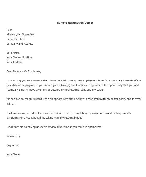 basic job resignation letter template