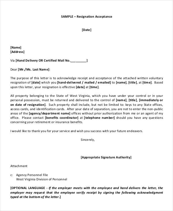 resignation acceptance letter format