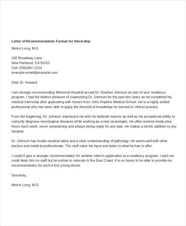 letter of recommendation format for internship