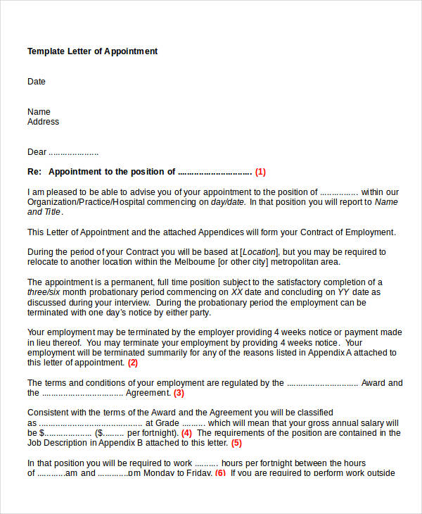 standard letter of appointment format