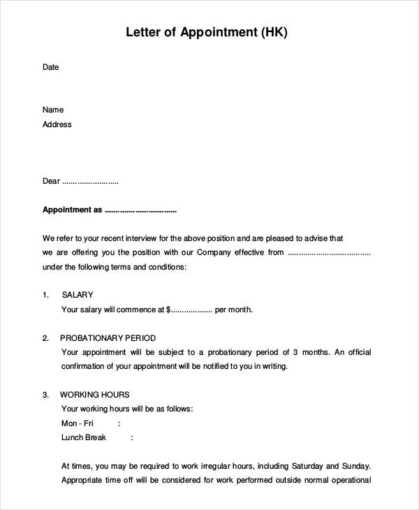 letter of appointment format for employee