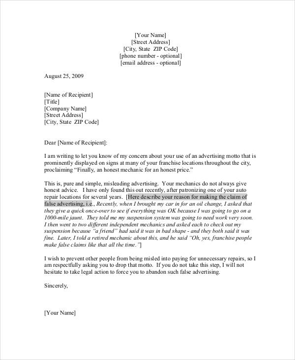 formal complaint letter