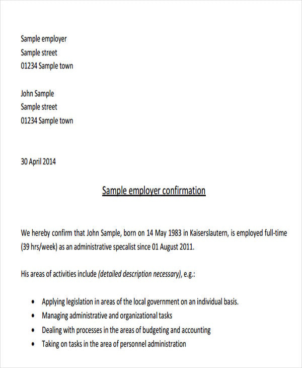 confirmation of employment letter template