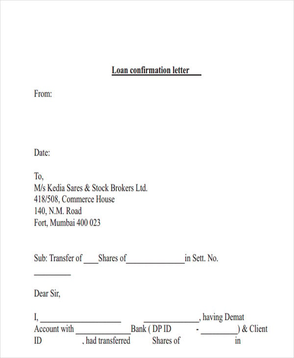 loan confirmation letter template