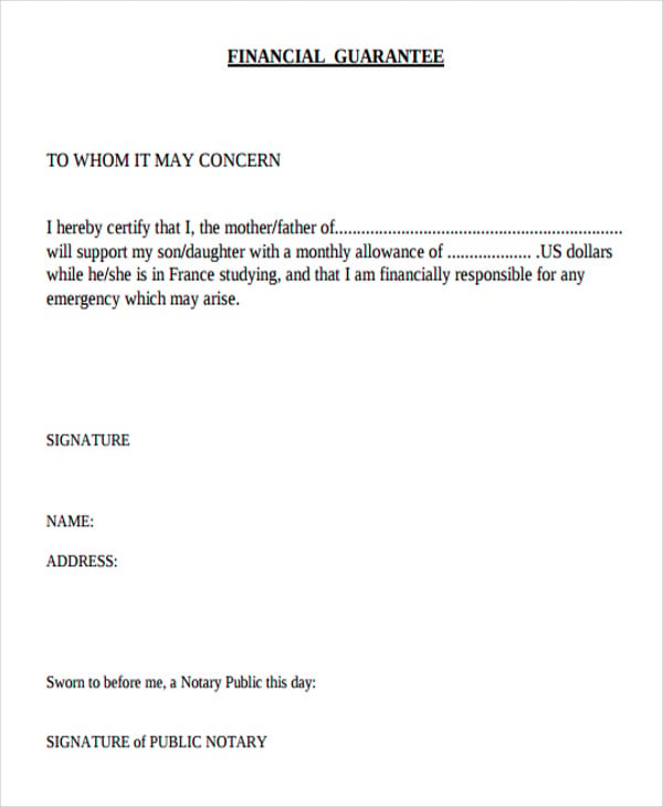 financial guarantee letter template