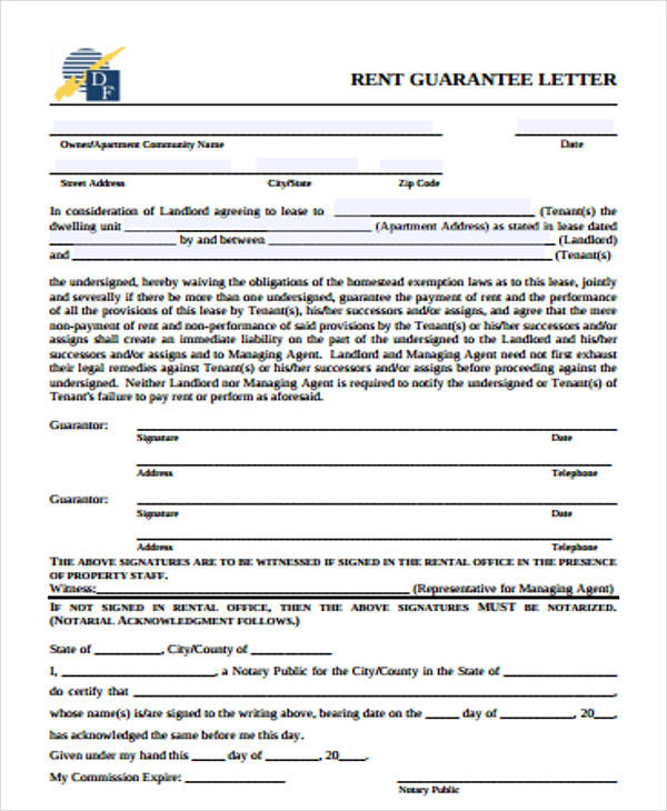 rent guarantee letter template