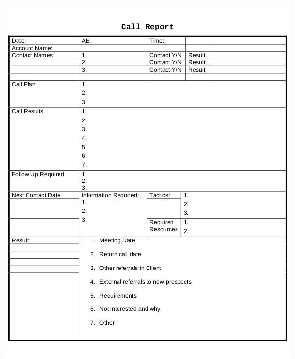 call report template excel