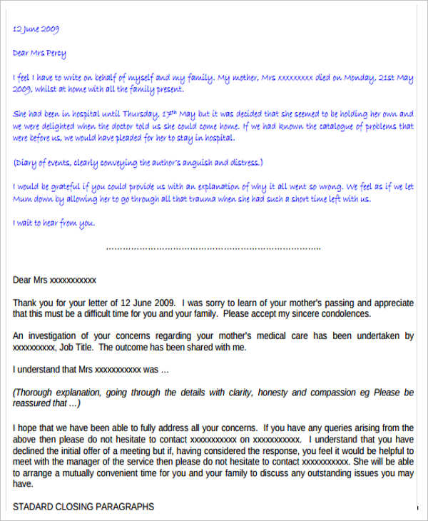 patient complaint response letter template