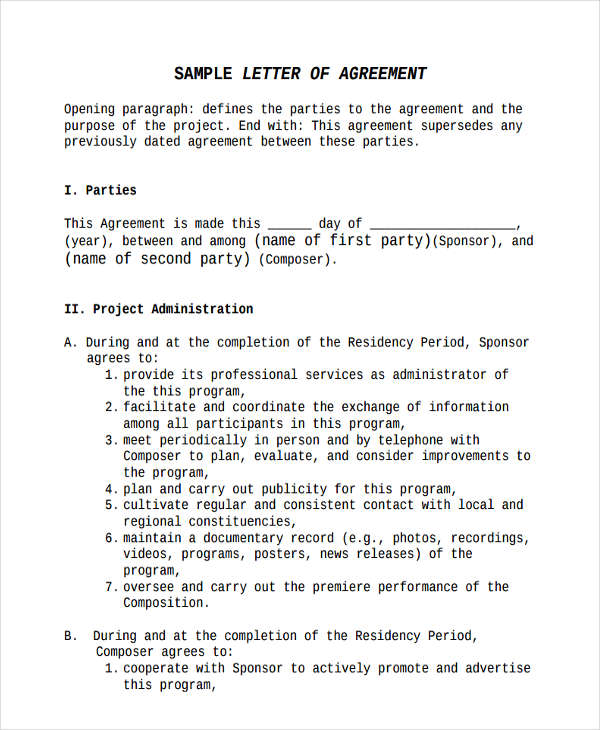 financial letter of agreement template