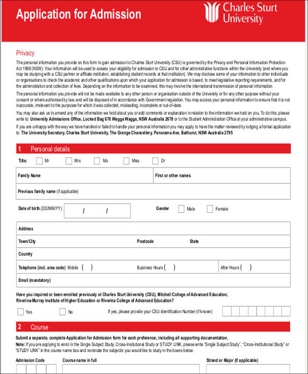 application for admission letter template