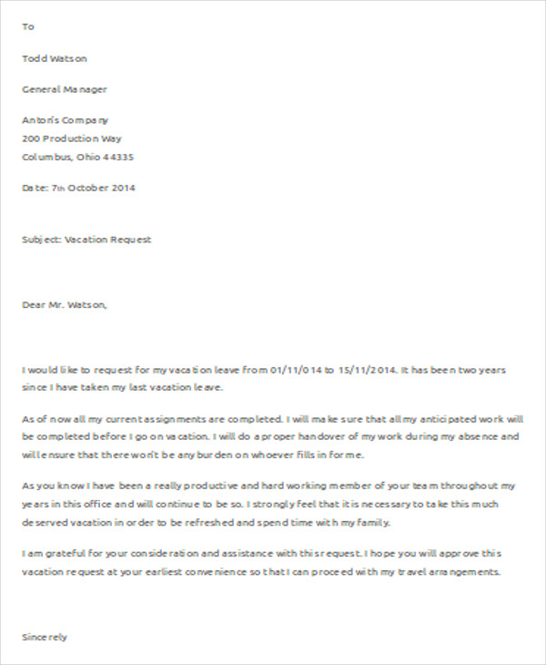 request for vacation letter template