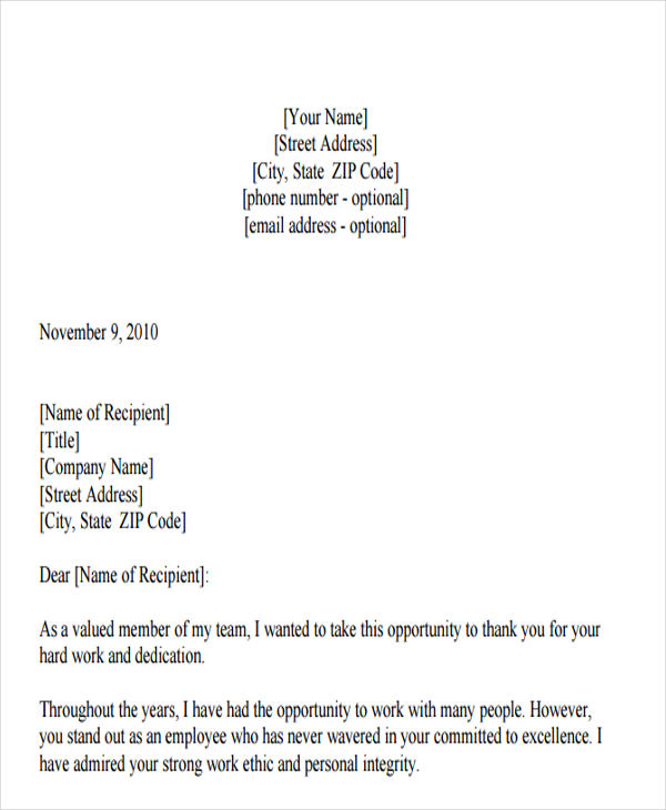 employee recognition letter