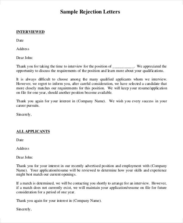 7+Rejection Letter Templates - 7+ Free Sample, Example Format Download