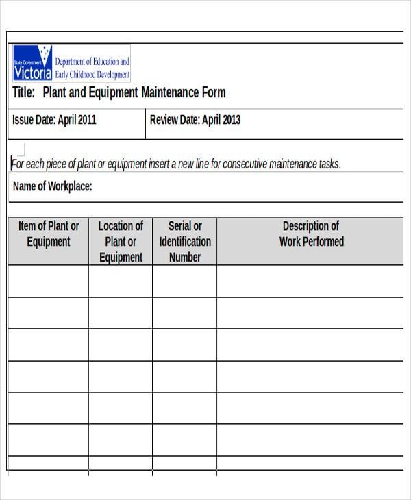 equipment maintenance schedule template  10 free word pdf