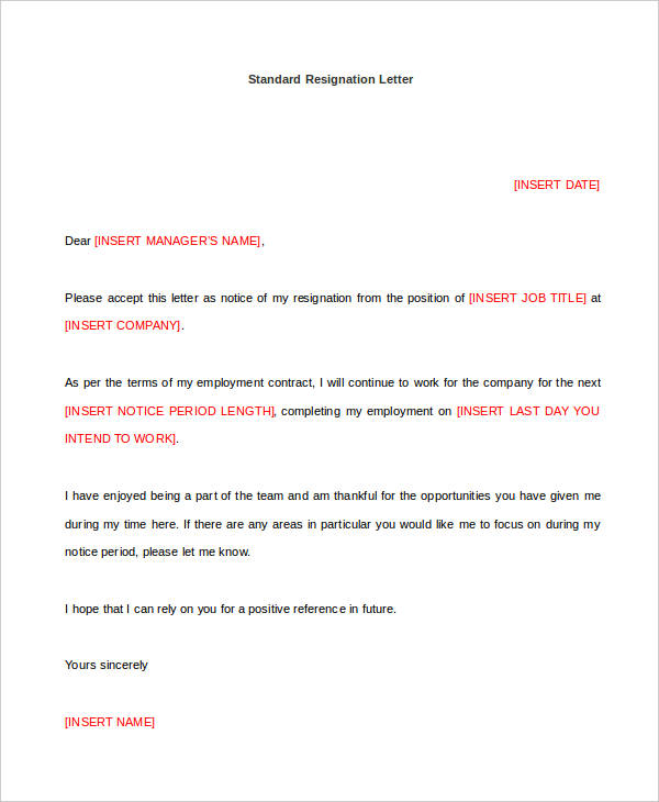 standard resignation letter in doc