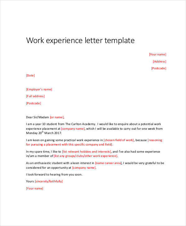 work experience letter in pdf