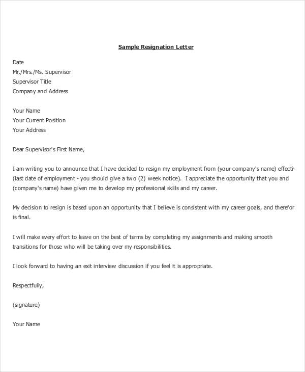 simple letter of resignation