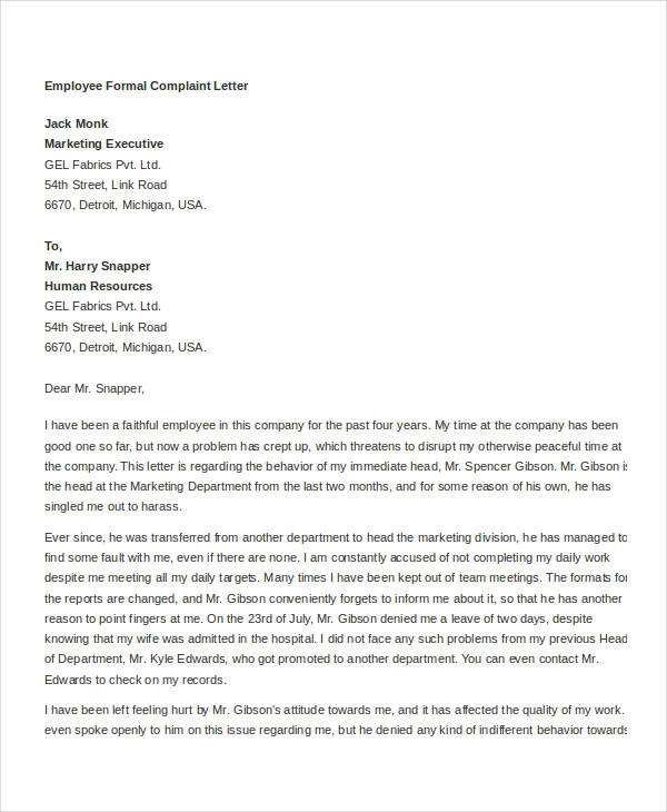 employee formal complaint letter template