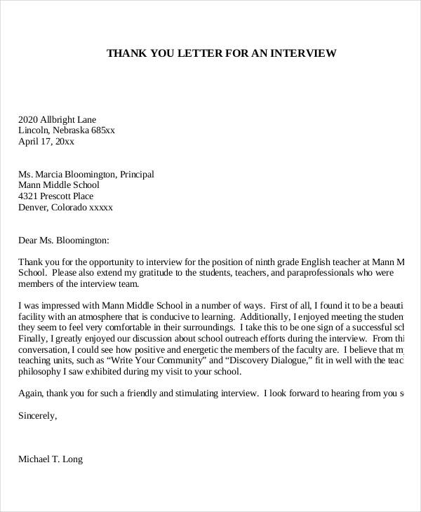 formal interview thank you letter template