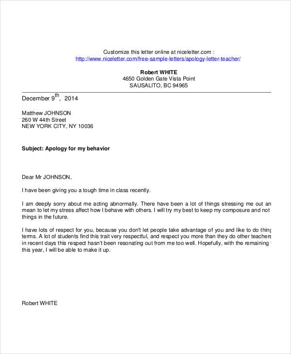 formal apology letter to teacher template