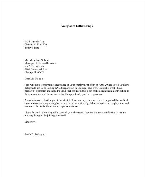 formal offer acceptance letter
