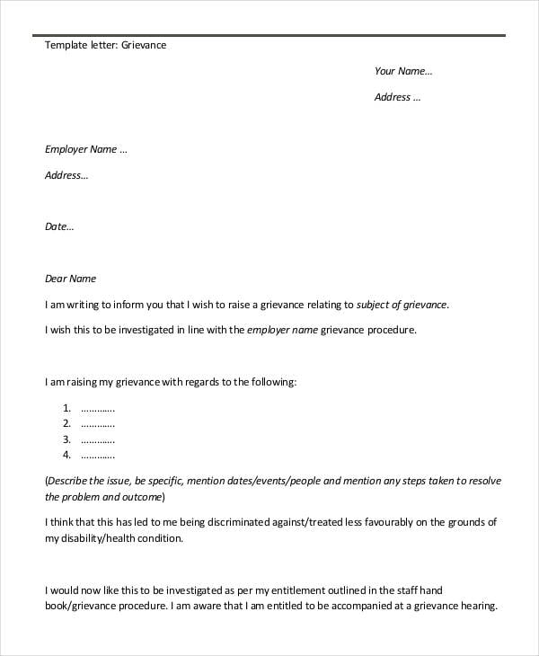 free grievance letter template for employee